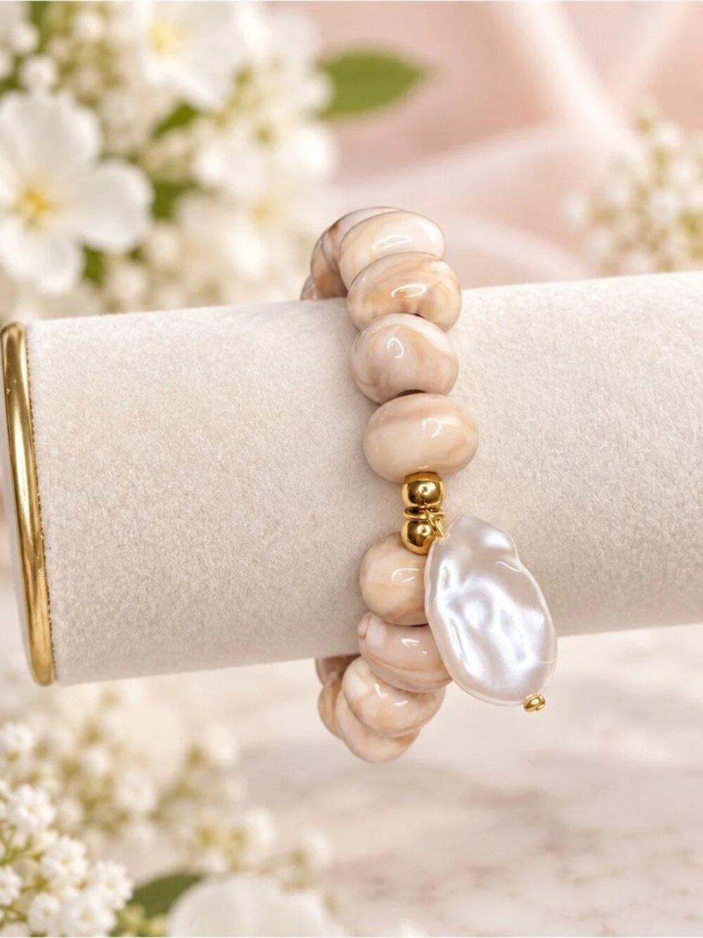 Beaded Pearl Charm Stretch Bracelet